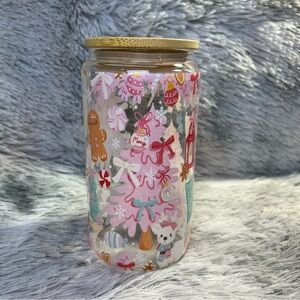 Pink Christmas Festive 16oz Glass Tumbler